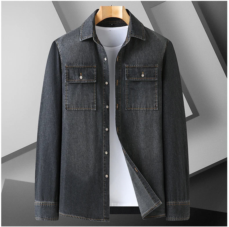 New Autumn Cotton Denim Shirts Men Slim Fit Smart Casual Solid Color Long Sleeve Mens Jeans Shirt  Fashion Male Shirt Black Blu
