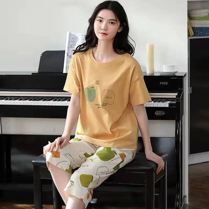 Women Sleepwear Half-Sleeve Seven-Quarter Trousers Student Nightwear Homewear Set Round Neck Cartoon Ladies Pajamas Loungewear