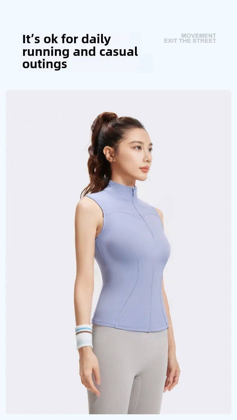 Spring and Summer New Sleeveless Vest Women's Yoga Jacket Slimming Stretch Slim Sports Jacket Standing Collar Zipper Top Fitness