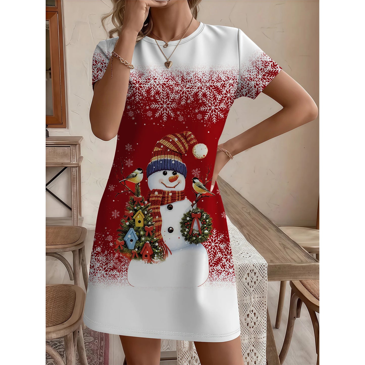 Women's Christmas Snowman Print Dress A-Line Party Dress with Collar Holiday Costume for Xmas Parties Y2k Tops Women's Clothing