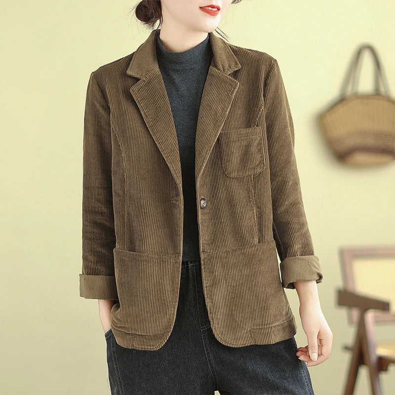 Retro Corduroy ort Suit Jaet Women's Loose Casual Striped Velvet Open Cardigan Top Spring 2026 New Sle Cotton Material
