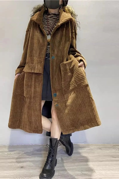 Thiened Fce Long Corduroy Warm Outerwear Women's Single Button Open Cardigan Windbreaker Autumn Winter Seasonal Faion