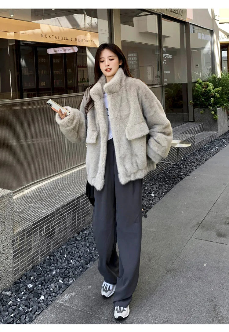 Women Faux Fur Coats Mid Length Jackets Stand Collar Coat Thick Warm Y2k Streetwear Jacket Work Casual Loose Autumn Winter