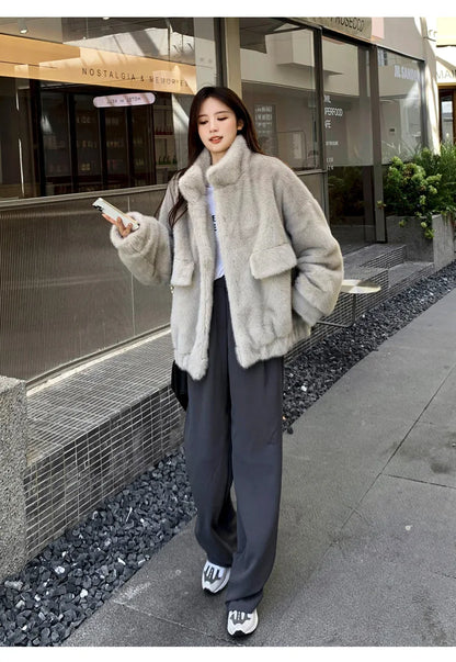 Women Faux Fur Coats Mid Length Jackets Stand Collar Coat Thick Warm Y2k Streetwear Jacket Work Casual Loose Autumn Winter