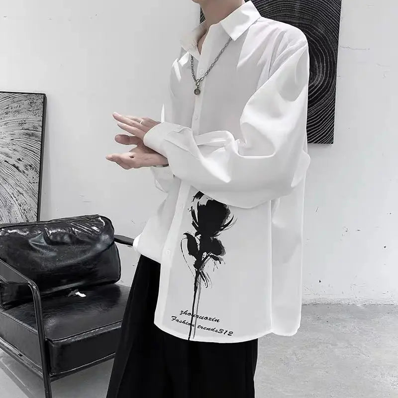 Japanese Trendy Men's 2024 Spring and Autumn New Splicing Square Collar Button Printed Fashion Loose Casual Long Sleeve Shirts