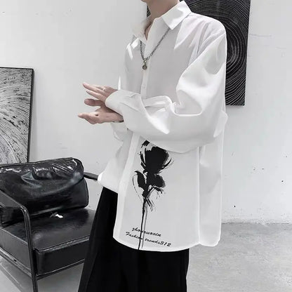 Japanese Trendy Men's 2024 Spring and Autumn New Splicing Square Collar Button Printed Fashion Loose Casual Long Sleeve Shirts