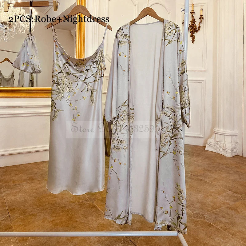 Four Pieces Pajamas Set Printed Little Cherry Sleepwear Women Satin Nightgown With Suspender Sling&Shorts Summer Home Clothes