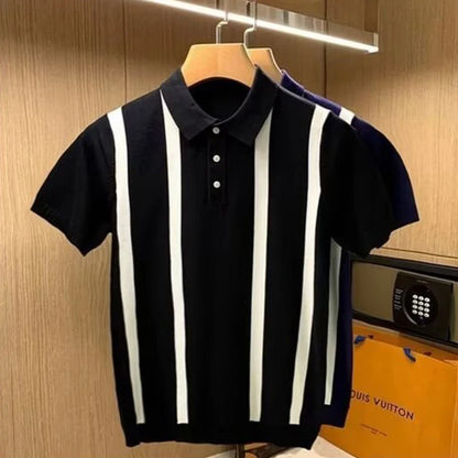 Trendy Mens Slim Knit Polo Shirts Summer Daily Casual Striped Contrast Color Knitted Polos Men Summer Fashion Short Sleeve Tops