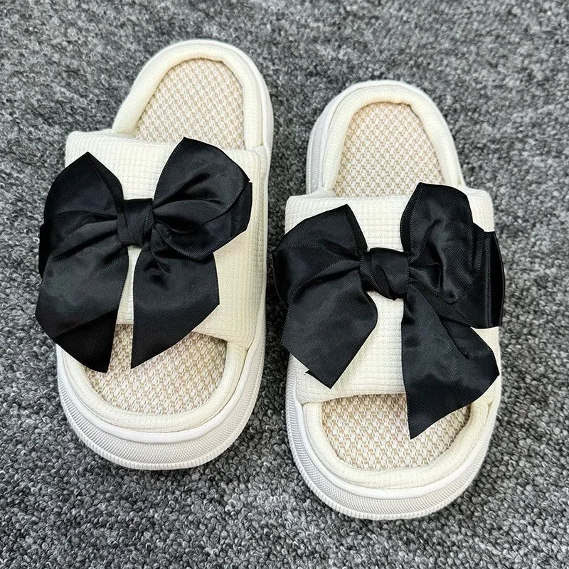 Comfortable Linen Slippers Soft and Lightweight Cotton Slippers Cute Bowknot Flat Slipper Couples Slides Home Shoes for Women