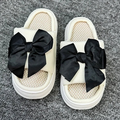 Comfortable Linen Slippers Soft and Lightweight Cotton Slippers Cute Bowknot Flat Slipper Couples Slides Home Shoes for Women