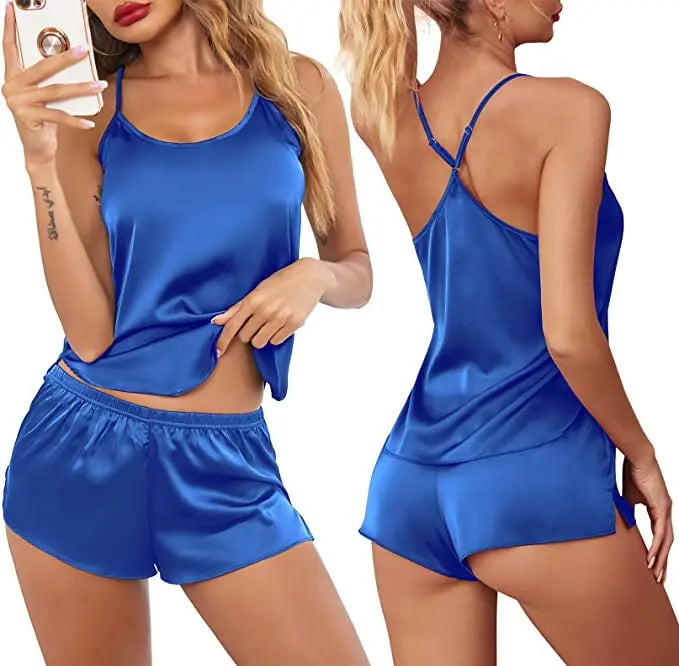 Women's Sleepwear Sexy Lace Satin Pajama Sets Nightwear Sleeveless Tops+Shorts 2 Pcs Sets Pyjama Sets For Women Pijama