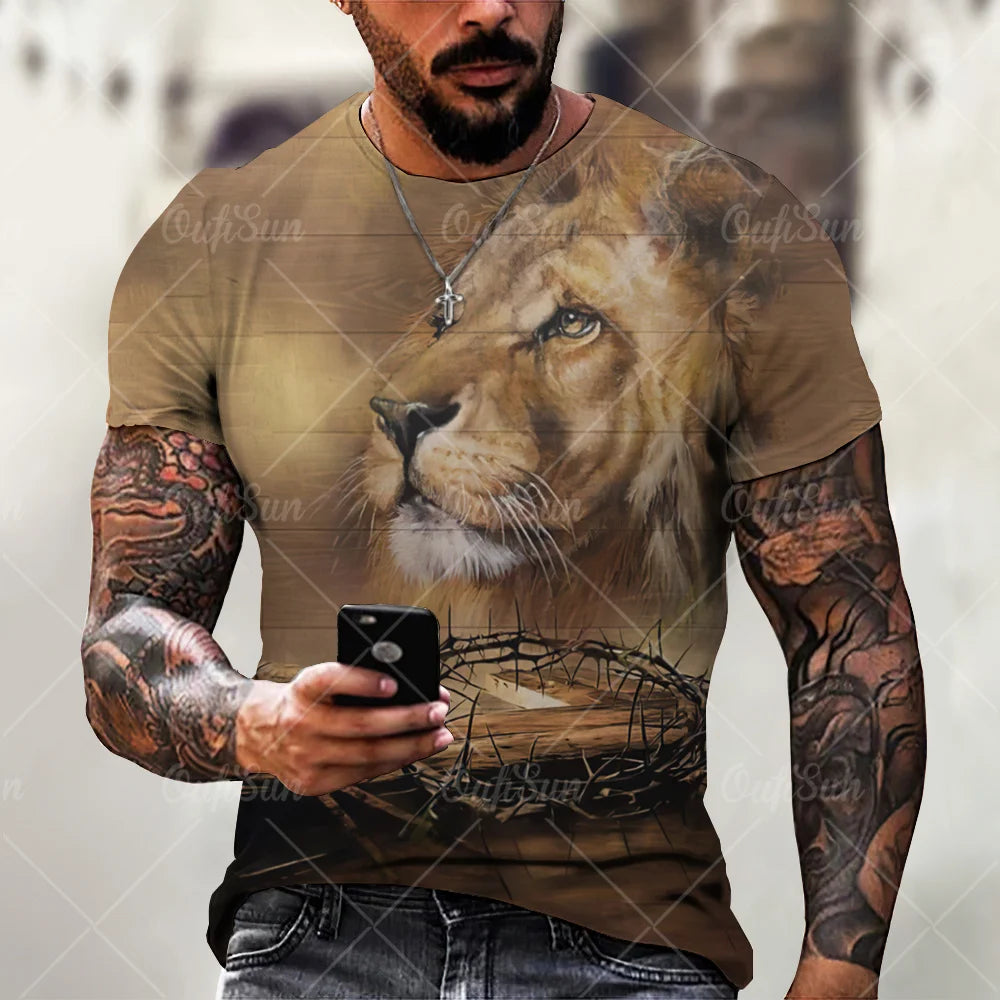 Christ Jesus T-Shirts for Men 3D Lion Printed T-Shirt Summer Clothes Short Sleeve Streetwear Vintage Tops Tee Shirt Men Clothing