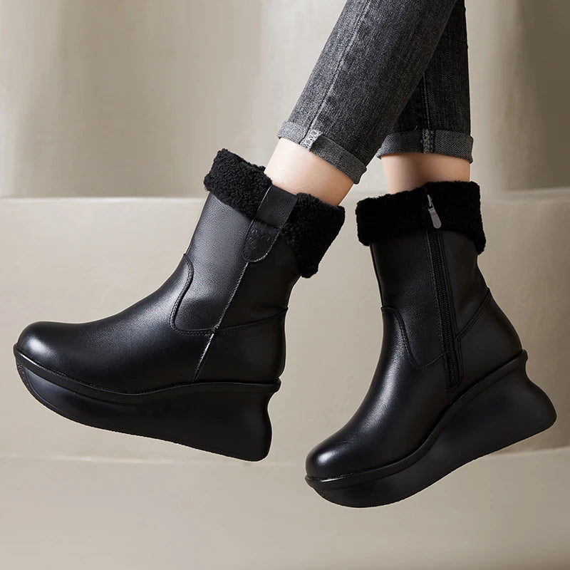 GKTINOO Genuine Leather Short Boots for Women Winter Wedges Warm Snow Boots Platform Shoes Thick Sole Non-slip Woman Boots