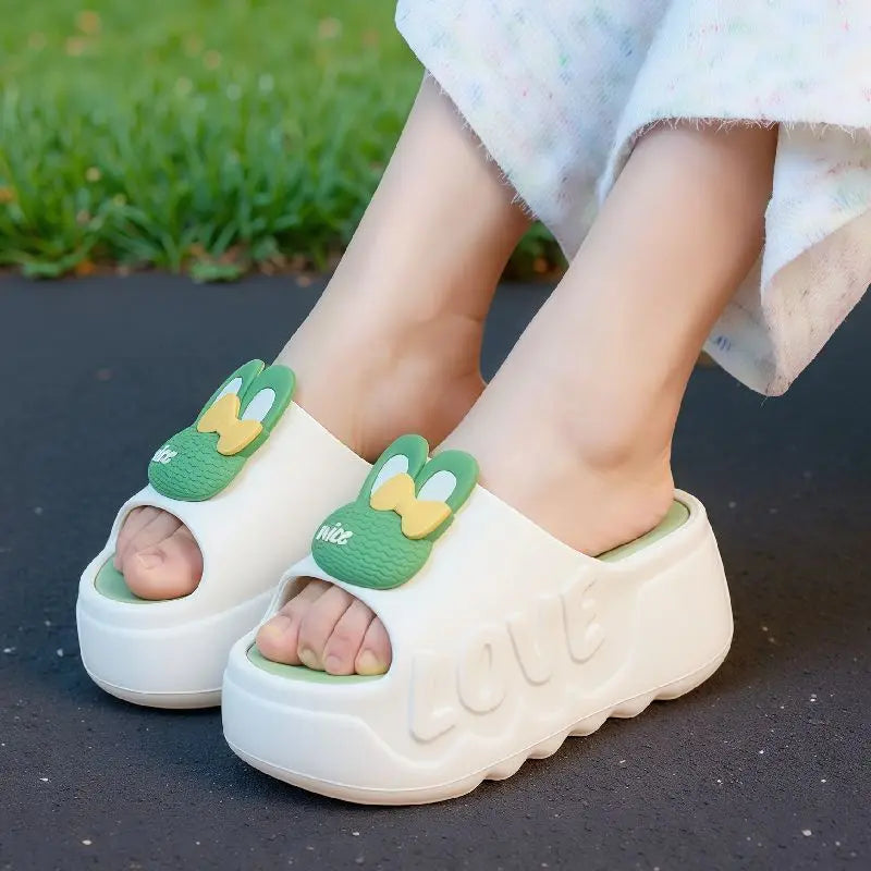 New pink flower high heel slipper women's outdoor slides sweet backless beach shoes woman flat platform mules elevator slippers
