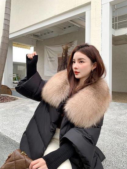 New Female Loose Outerwear Fashion Down Jacket Overcoat Women Winter Coat 90% White Duck Down Jacket With Big Woolen Collar Coat