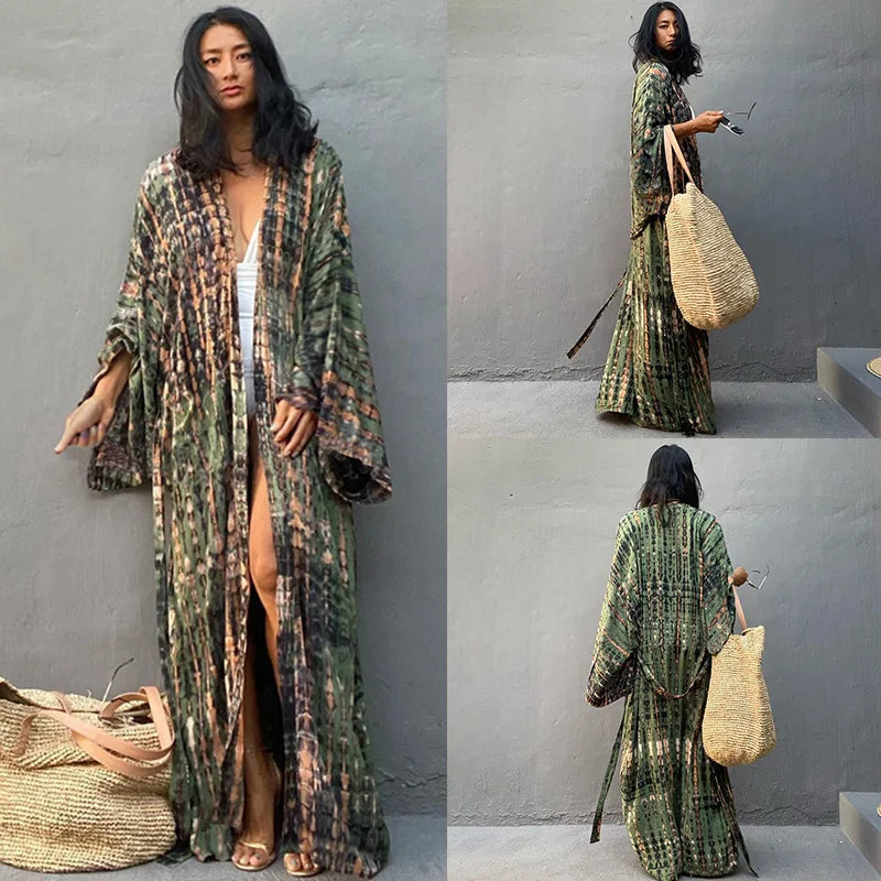 Beach Cover Ups Women Tie Dye Printed Kimono Cardigan Self Belted Wrap Dresses Summer Holiday Bathing Suits
