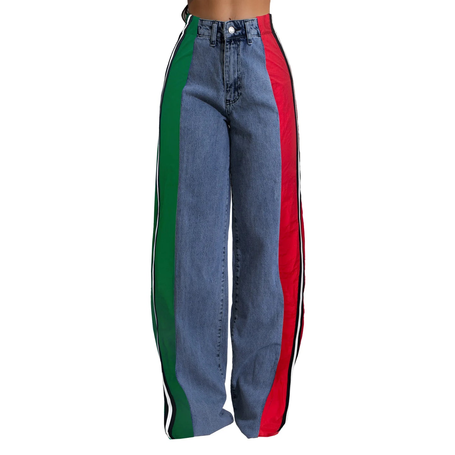 Denim Pants Women Patchwork Spliced Long Pant Mom Straight Button High Waist Casual Jeans Trousers Pocket Lady Y2k Autumn
