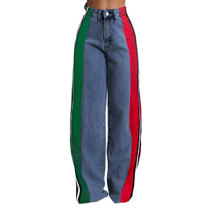 Denim Pants Women Patchwork Spliced Long Pant Mom Straight Button High Waist Casual Jeans Trousers Pocket Lady Y2k Autumn