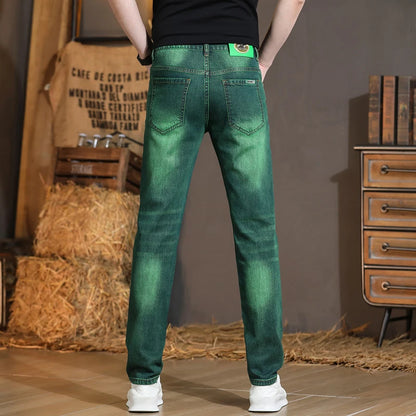Emerald Green Jeans High-End Embroidery Slim Straight Leg Men Pants Personality Fashion Everything Trend Elastic Denim Pant