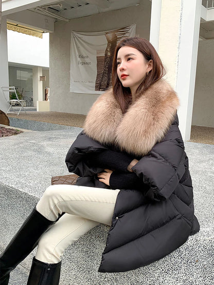 New Female Loose Outerwear Fashion Down Jacket Overcoat Women Winter Coat 90% White Duck Down Jacket With Big Woolen Collar Coat
