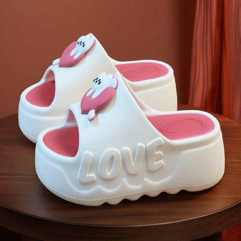 New pink flower high heel slipper women's outdoor slides sweet backless beach shoes woman flat platform mules elevator slippers