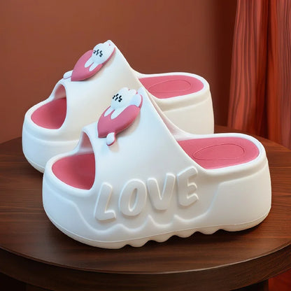 New pink flower high heel slipper women's outdoor slides sweet backless beach shoes woman flat platform mules elevator slippers