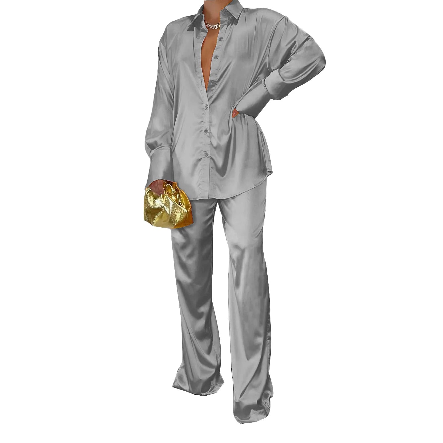 CM.YAYA Elegant Satin Women's Tracksuit Long Sleeve Shirt and Wide Leg Straight Pants Matching Sleepwear Two 2 Piece Set Outfits