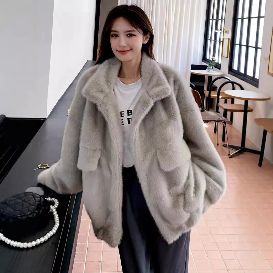 Women Faux Fur Coats Mid Length Jackets Stand Collar Coat Thick Warm Y2k Streetwear Jacket Work Casual Loose Autumn Winter