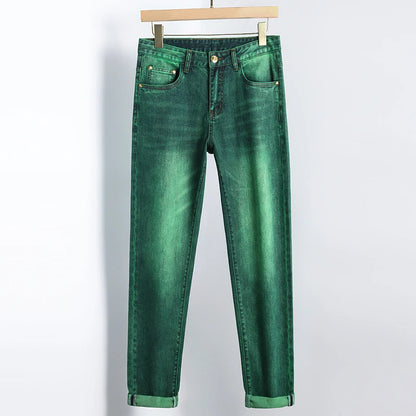 Emerald Green Jeans High-End Embroidery Slim Straight Leg Men Pants Personality Fashion Everything Trend Elastic Denim Pant