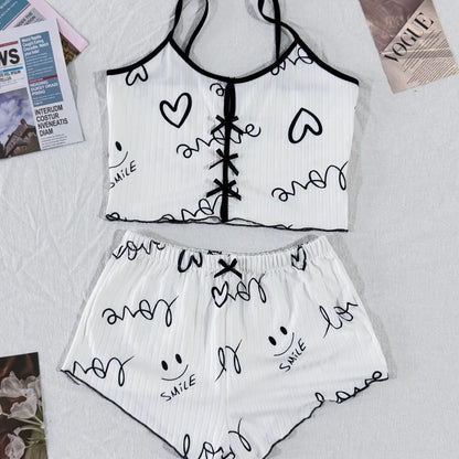 Women's Pajamas Fashion Lace Patchwork Heart Print Bowknot Decoration Sexy Cami Sleepwear Set  Sleeveless V-Neck Summer Lingerie