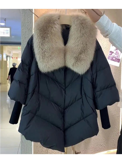 New Female Loose Outerwear Fashion Down Jacket Overcoat Women Winter Coat 90% White Duck Down Jacket With Big Woolen Collar Coat