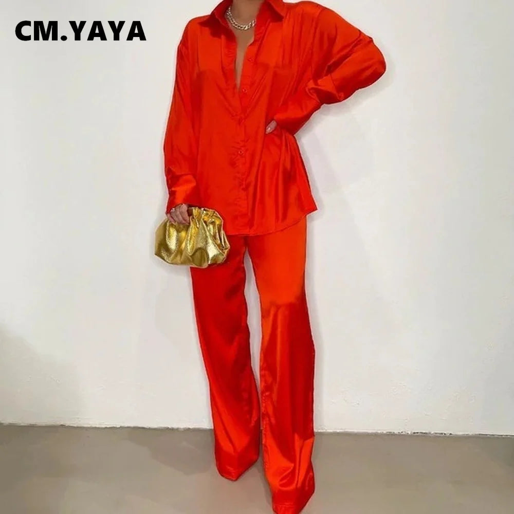 CM.YAYA Elegant Satin Women's Tracksuit Long Sleeve Shirt and Wide Leg Straight Pants Matching Sleepwear Two 2 Piece Set Outfits