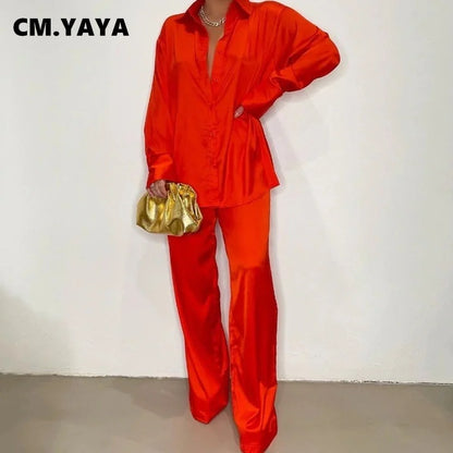 CM.YAYA Elegant Satin Women's Tracksuit Long Sleeve Shirt and Wide Leg Straight Pants Matching Sleepwear Two 2 Piece Set Outfits