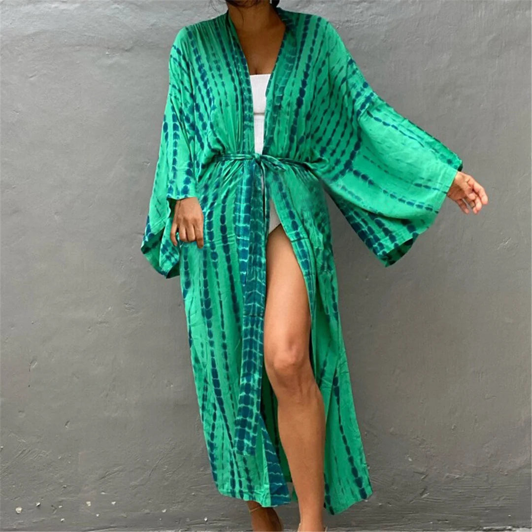 New 11 Colors Printed Long Sleeve With Belt Tunic Beach Cover Up Cover-ups Beach Dress Beach Wear Beachwear Female Women V4521
