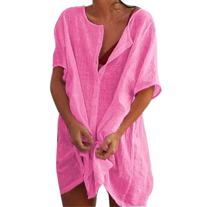2025 Hot Sexy Beach Swimsuit Cover-Ups Women Blouse Beach Shirt Cotton Linen Long Blouse Fashion Casual Solid Color Beach Dress