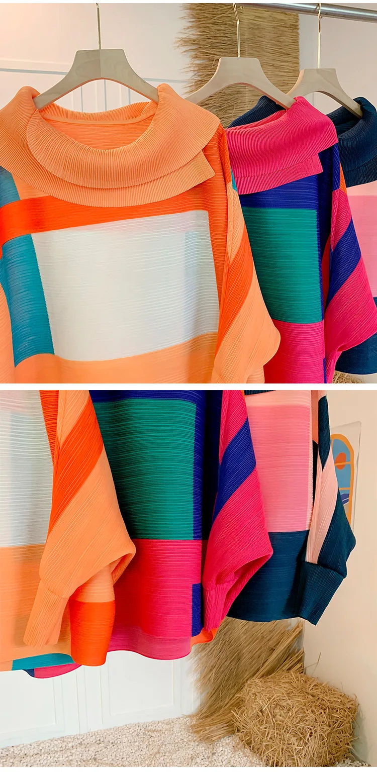 Miyake Pleated Turndown Collar Batwing Sleeve Top Women Geometric Printed Loose T-shirt