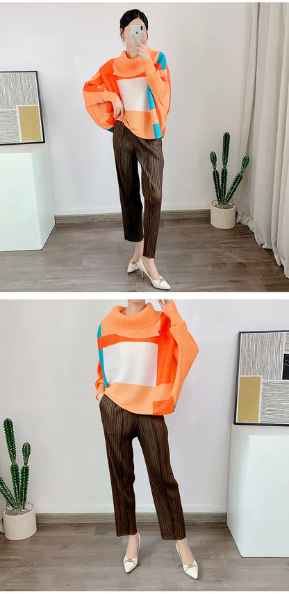 Miyake Pleated Turndown Collar Batwing Sleeve Top Women Geometric Printed Loose T-shirt