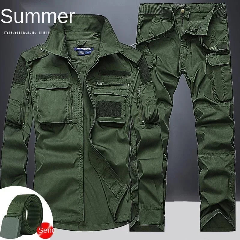 Summer Sets Mens Outdoor Breathable Multiple Pockets Combat Long Sleeve Shirts Cargo Pants Suits Male