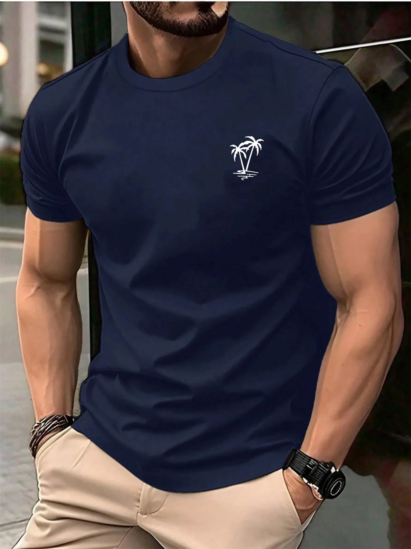 Men's summer 100 cotton fashionable casual loose sports fashionable coconut tree print round neck short sleeved T-shirt top