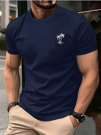 Men's summer 100 cotton fashionable casual loose sports fashionable coconut tree print round neck short sleeved T-shirt top
