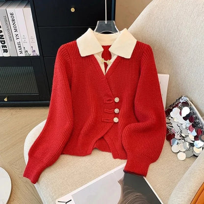 New 2026 Autumn Winter Design Splicing Slim Women Knitted Cardigan Sweater Jacket Fashion Fake Two Items Loose Ladies Top