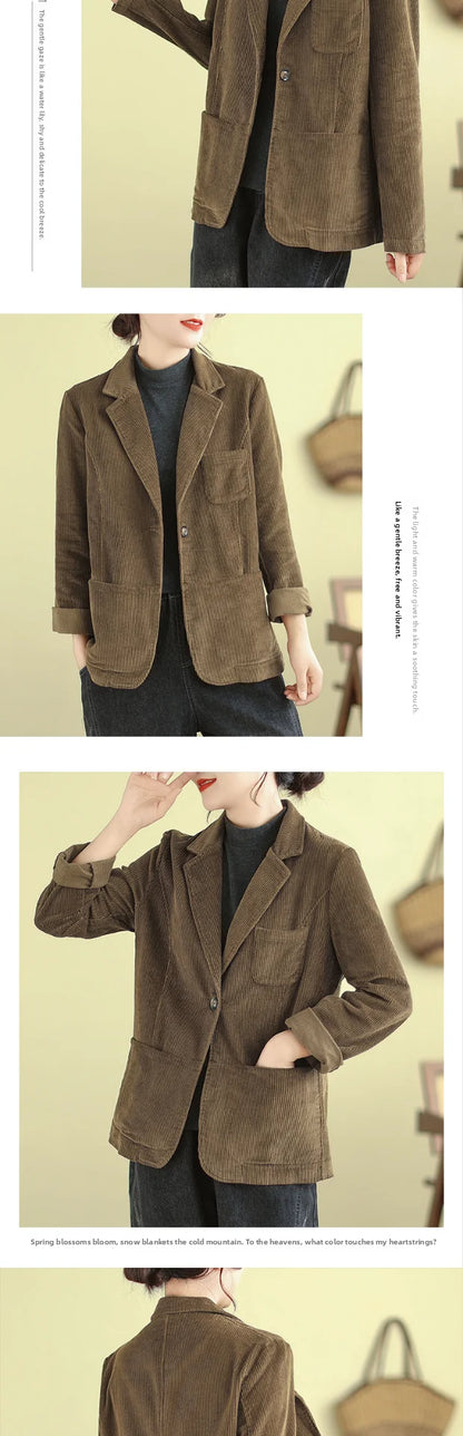 Retro Corduroy ort Suit Jaet Women's Loose Casual Striped Velvet Open Cardigan Top Spring 2026 New Sle Cotton Material
