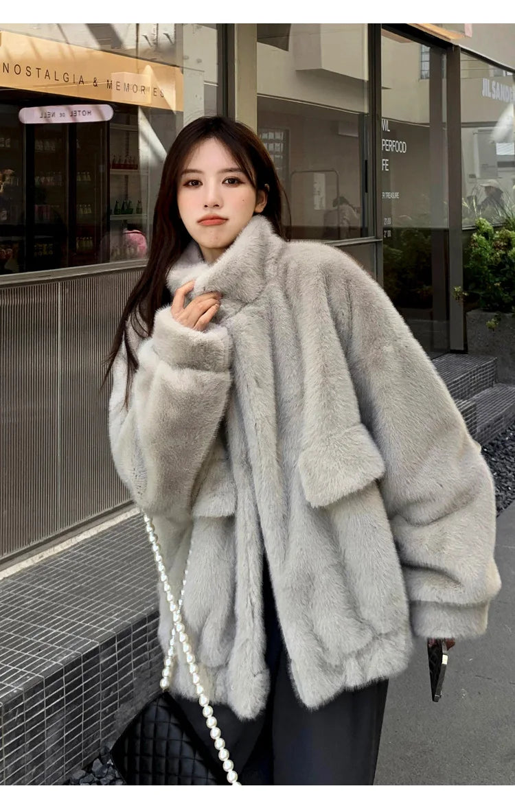 Women Faux Fur Coats Mid Length Jackets Stand Collar Coat Thick Warm Y2k Streetwear Jacket Work Casual Loose Autumn Winter