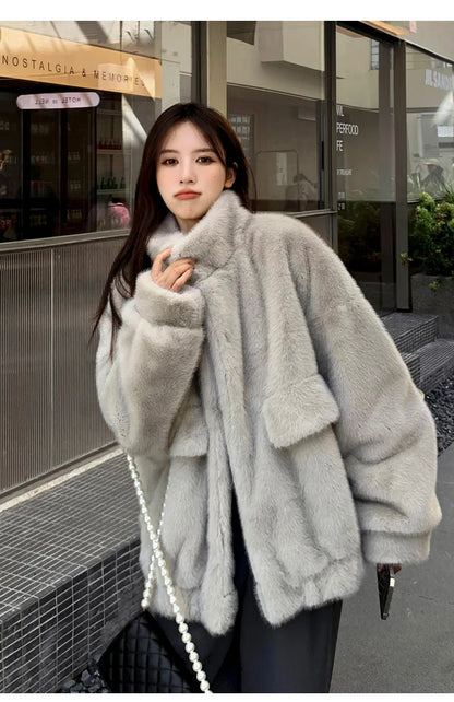 Women Faux Fur Coats Mid Length Jackets Stand Collar Coat Thick Warm Y2k Streetwear Jacket Work Casual Loose Autumn Winter