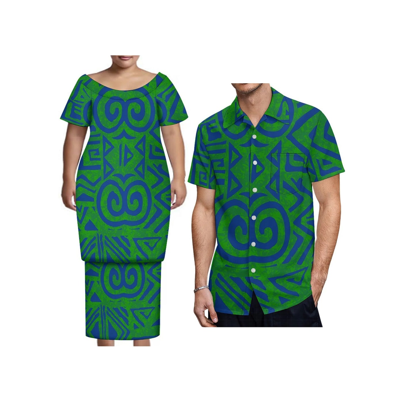 New Tonga Polynesian Short Sleeve Dress Big Size Women Button Puletasi Dress and Aloha Men Shirt Match Couple Clothes Two Piece