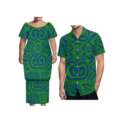 New Tonga Polynesian Short Sleeve Dress Big Size Women Button Puletasi Dress and Aloha Men Shirt Match Couple Clothes Two Piece