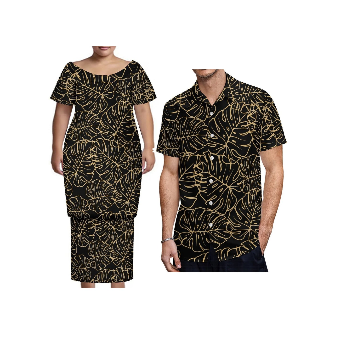 New Tonga Polynesian Short Sleeve Dress Big Size Women Button Puletasi Dress and Aloha Men Shirt Match Couple Clothes Two Piece