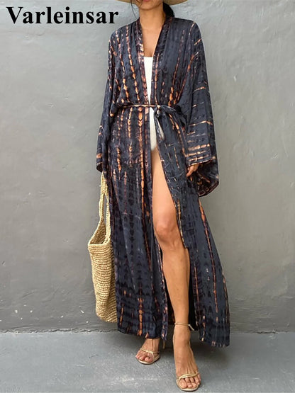 New 11 Colors Printed Long Sleeve With Belt Tunic Beach Cover Up Cover-ups Beach Dress Beach Wear Beachwear Female Women V4521