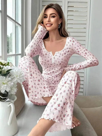 Spring Autumn Floral Print Lettuce Trim Tops with Long Pants Sleepwear Women Pajamas Set Loungewear Nightwear Pijama Mujer