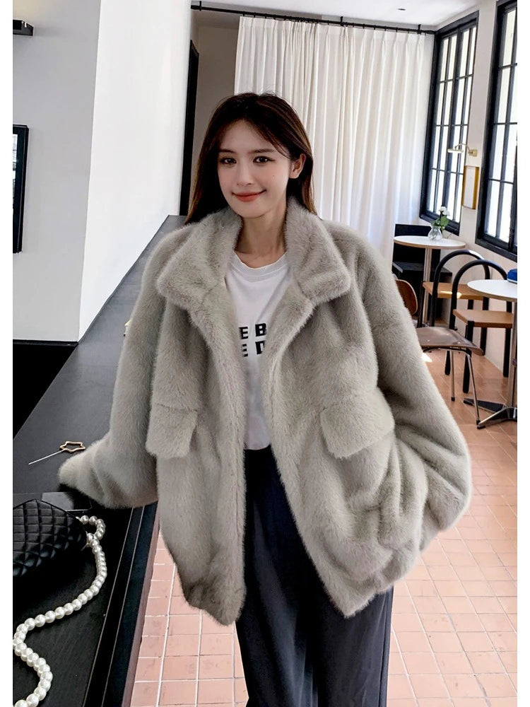 Women Faux Fur Coats Mid Length Jackets Stand Collar Coat Thick Warm Y2k Streetwear Jacket Work Casual Loose Autumn Winter